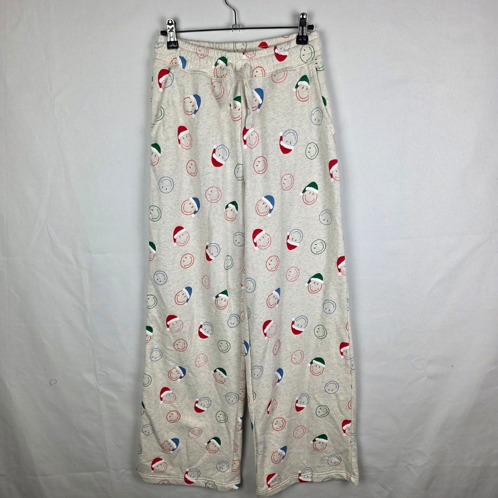 American Eagle AE Lounge Christmas Smiley‎ Face Santa Hat Wide Leg Sweatpants S